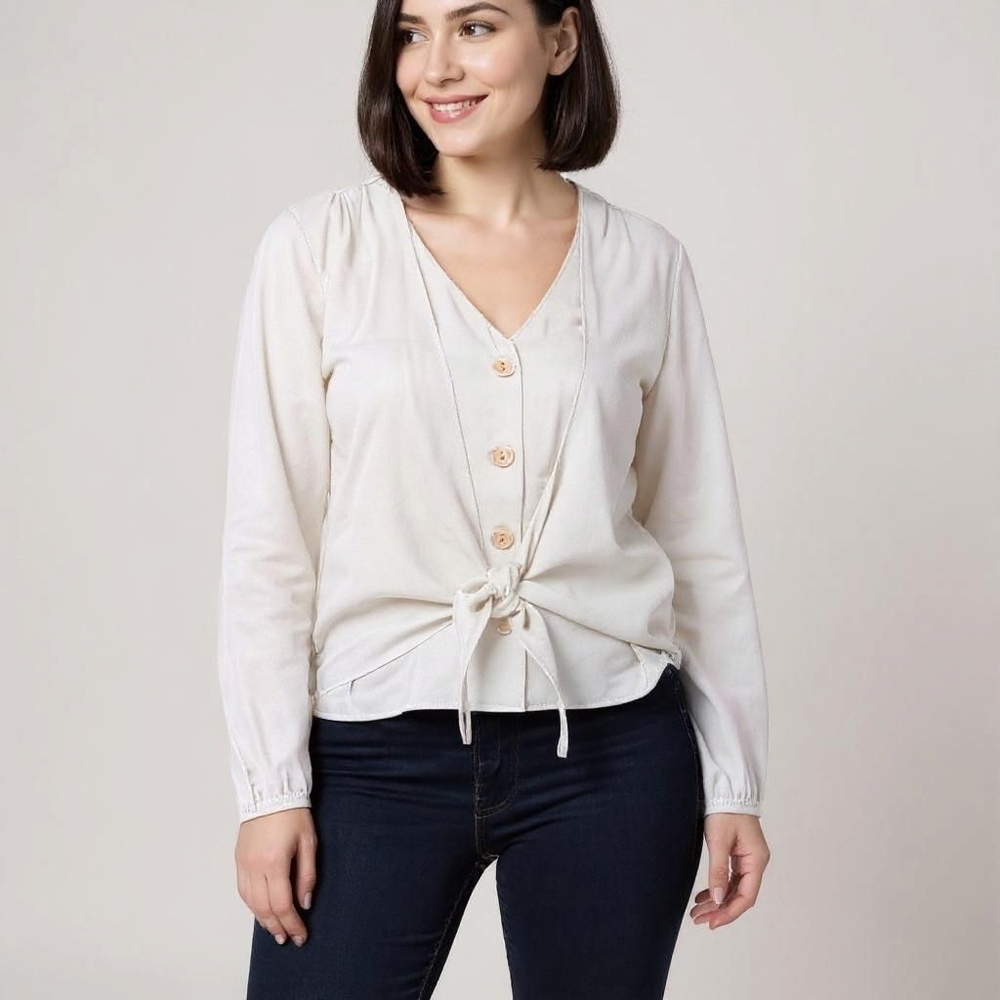 Du Jour Tie Front Textured Cream Women's Top size Small NWOT